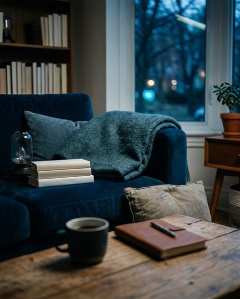 Cinematic film still of a cozy modern living room, close-up detail with shallow depth of field, cool blue tones, quiet atmosphere, 4:5 aspect ratio