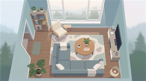 Minimal flat illustration of a cozy modern living room, high-angle view from above, misty morning haze, dreamy, 16:9 aspect ratio