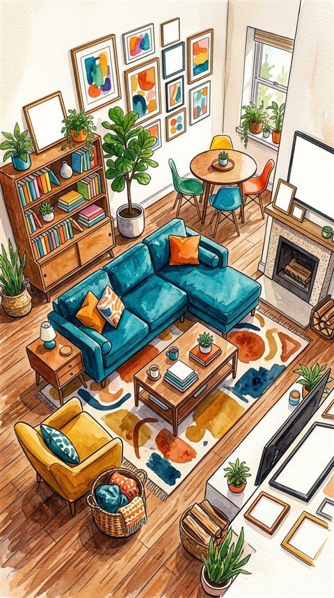 Watercolor illustration of a cozy modern living room, high-angle view from above, vivid colors, high contrast, energetic, 9:16 aspect ratio