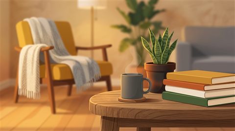 Minimal flat illustration of a cozy modern living room, close-up detail with shallow depth of field, warm golden light, calm mood, 16:9 aspect ratio