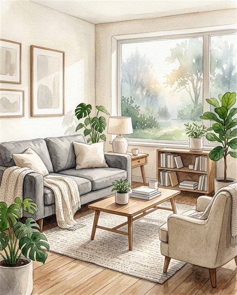 Watercolor illustration of a cozy modern living room, centered subject with a simple uncluttered composition, misty morning haze, dreamy, 4:5 aspect ratio