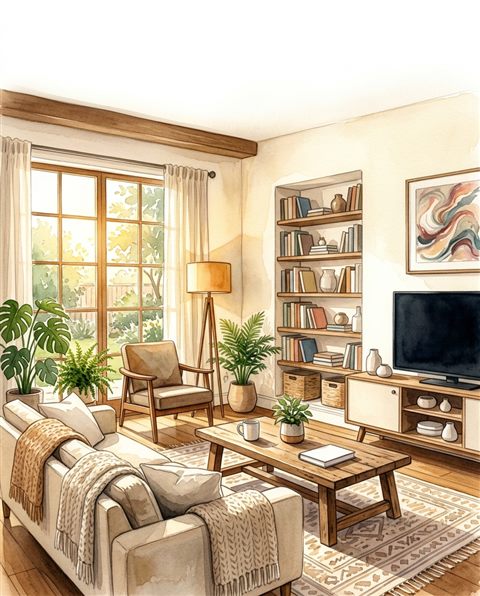 Watercolor illustration of a cozy modern living room, wide shot with open space at the top for text, warm golden light, calm mood, 4:5 aspect ratio