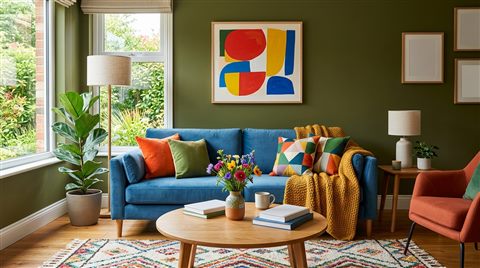 Photorealistic photo of a cozy modern living room, centered subject with a simple uncluttered composition, vivid colors, high contrast, energetic, 16:9 aspect ratio