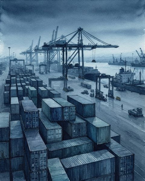 Watercolor illustration of a container shipping port viewed from afar with stacked cargo boxes, close-up detail with shallow depth of field, cool blue tones, quiet atmosphere, 4:5 aspect ratio