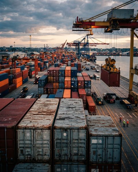 Cinematic film still of a container shipping port viewed from afar with stacked cargo boxes, close-up detail with shallow depth of field, vivid colors, high contrast, energetic, 4:5 aspect ratio