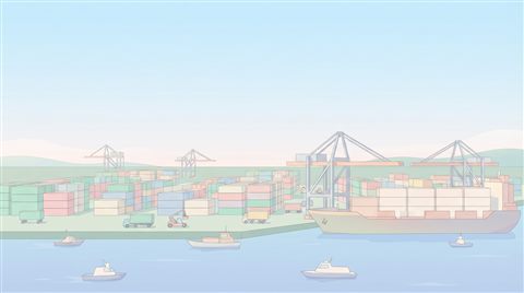 Minimal flat illustration of a container shipping port viewed from afar with stacked cargo boxes, wide shot with open space at the top for text, soft pastel colors, bright and cozy, 16:9 aspect ratio
