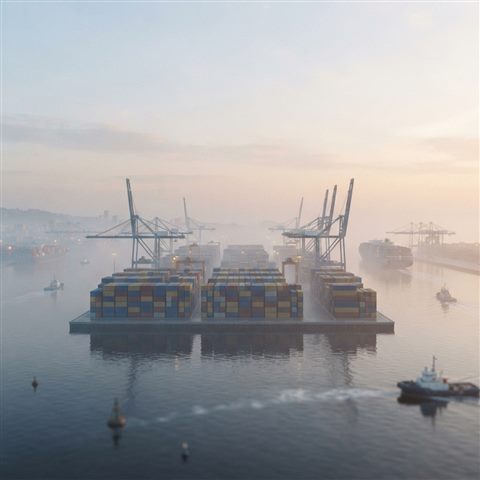 Soft 3D render of a container shipping port viewed from afar with stacked cargo boxes, centered subject with a simple uncluttered composition, misty morning haze, dreamy, 1:1 aspect ratio