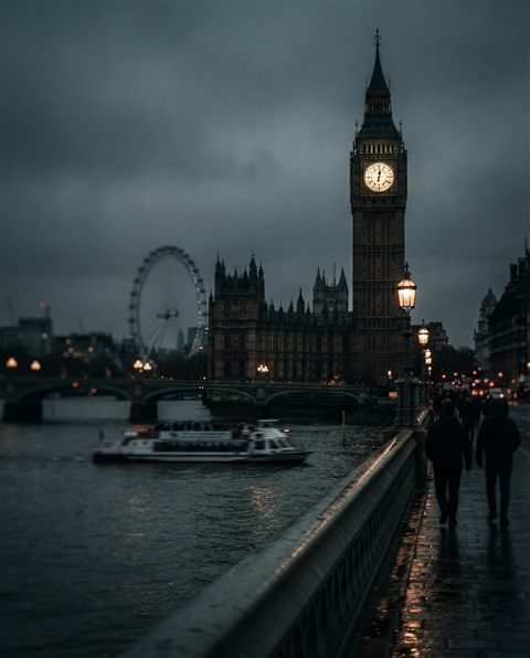 Cinematic film still of London with Big Ben and the Thames, close-up detail with shallow depth of field, moody dark tones, dramatic lighting, 4:5 aspect ratio