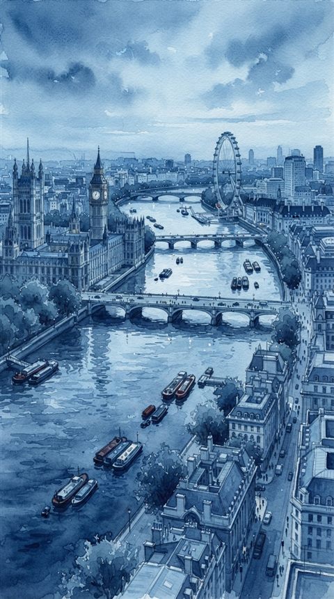 Watercolor illustration of London with Big Ben and the Thames, high-angle view from above, cool blue tones, quiet atmosphere, 9:16 aspect ratio