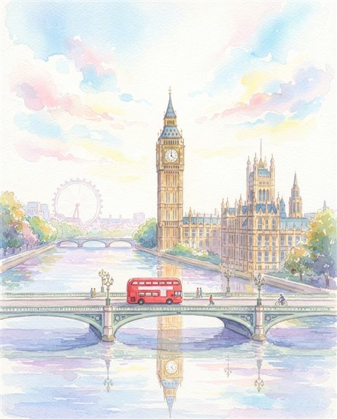 Watercolor illustration of London with Big Ben and the Thames, centered subject with a simple uncluttered composition, soft pastel colors, bright and cozy, 4:5 aspect ratio