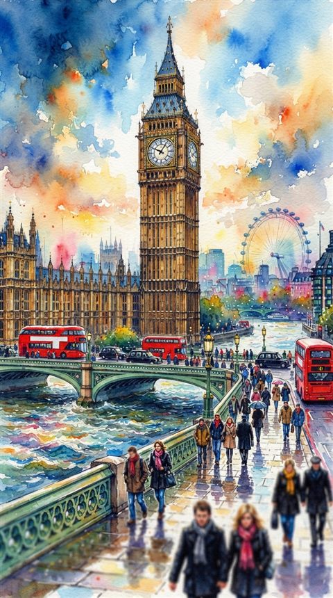 Watercolor illustration of London with Big Ben and the Thames, close-up detail with shallow depth of field, vivid colors, high contrast, energetic, 9:16 aspect ratio