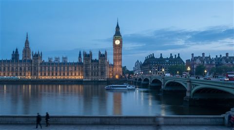 Photorealistic photo of London with Big Ben and the Thames, centered subject with a simple uncluttered composition, cool blue tones, quiet atmosphere, 16:9 aspect ratio