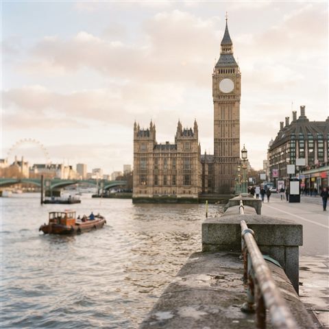 Photorealistic photo of London with Big Ben and the Thames, close-up detail with shallow depth of field, soft pastel colors, bright and cozy, 1:1 aspect ratio