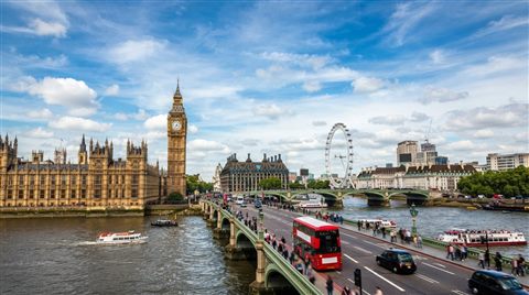 Photorealistic photo of London with Big Ben and the Thames, wide shot with open space at the top for text, vivid colors, high contrast, energetic, 16:9 aspect ratio