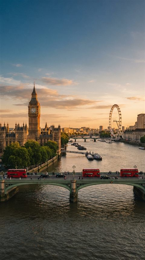 Cinematic film still of London with Big Ben and the Thames, wide shot with open space at the top for text, warm golden light, calm mood, 9:16 aspect ratio