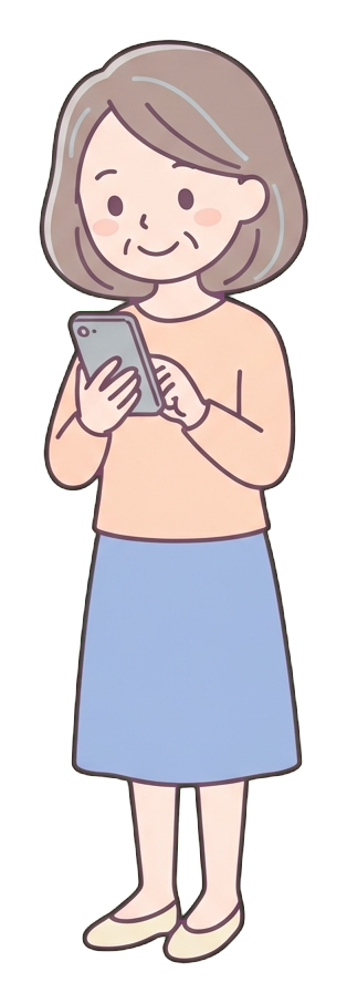 Simple cute flat cartoon illustration with soft pastel colors and thin clean dark outlines of a middle-aged woman, person looking at a smartphone and smiling, transparent background PNG