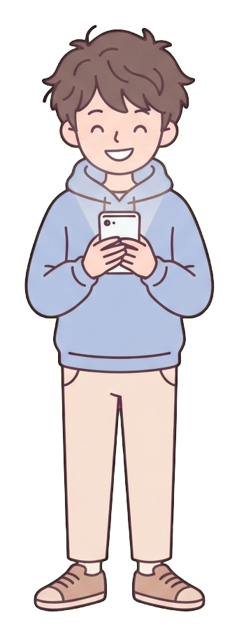 Simple cute flat cartoon illustration with soft pastel colors and thin clean dark outlines of a young man, person looking at a smartphone and smiling, transparent background PNG