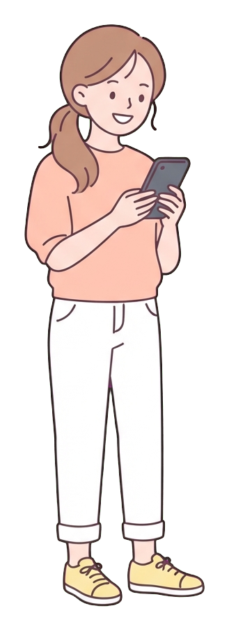 Simple cute flat cartoon illustration with soft pastel colors and thin clean dark outlines of a young woman, person looking at a smartphone and smiling, transparent background PNG