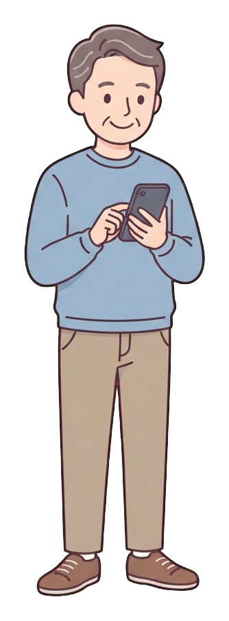 Simple cute flat cartoon illustration with soft pastel colors and thin clean dark outlines of a middle-aged man, person looking at a smartphone and smiling, transparent background PNG