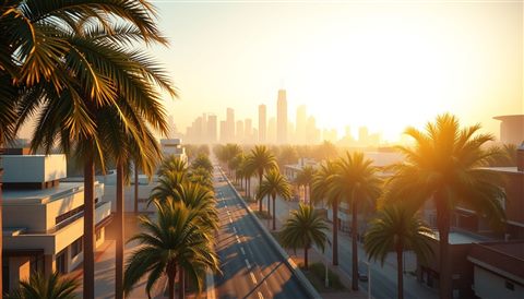 Soft 3D render of A wide aerial view of wide palm-lined streets under a bright golden hour sunset with distant modern skyscrapers., close-up detail with shallow depth of field, misty morning haze, dreamy, 16:9 aspect ratio
