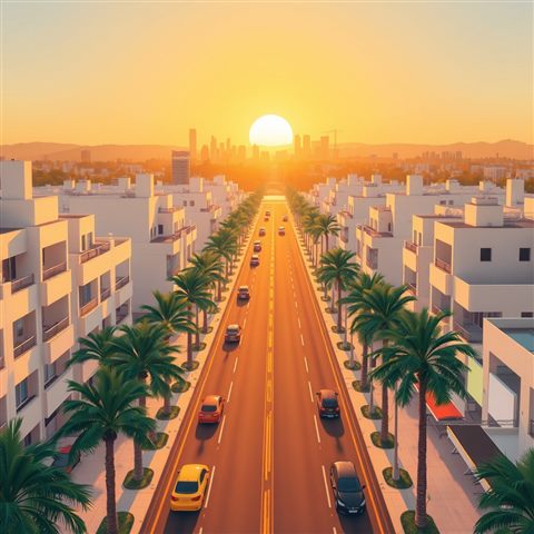 Minimal flat illustration of A wide aerial view of wide palm-lined streets under a bright golden hour sunset with distant modern skyscrapers., high-angle view from above, soft pastel colors, bright and cozy, 1:1 aspect ratio