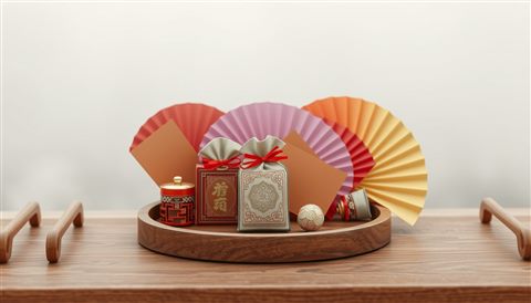 Soft 3D render of Traditional festive objects including lucky pouches and colorful silk fans arranged neatly on a wooden tray., centered subject with a simple uncluttered composition, misty morning haze, dreamy, 16:9 aspect ratio