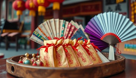 Cinematic film still of Traditional festive objects including lucky pouches and colorful silk fans arranged neatly on a wooden tray., close-up detail with shallow depth of field, vivid colors, high contrast, energetic, 16:9 aspect ratio
