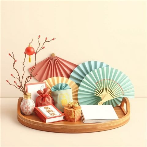 Minimal flat illustration of Traditional festive objects including lucky pouches and colorful silk fans arranged neatly on a wooden tray., wide shot with open space at the top for text, soft pastel colors, bright and cozy, 1:1 aspect ratio
