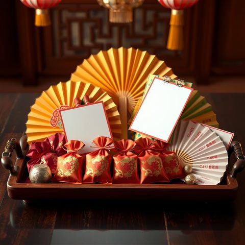 Photorealistic photo of Traditional festive objects including lucky pouches and colorful silk fans arranged neatly on a wooden tray., wide shot with open space at the top for text, warm golden light, calm mood, 1:1 aspect ratio
