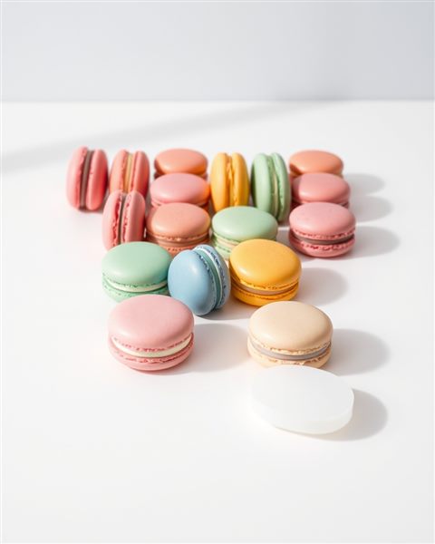 Cinematic film still of A neat row of colorful pastel macarons displayed on a minimalist white surface., centered subject with a simple uncluttered composition, vivid colors, high contrast, energetic, 4:5 aspect ratio