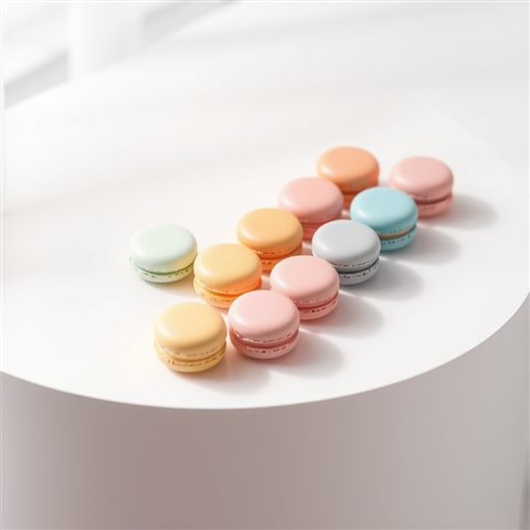 Soft 3D render of A neat row of colorful pastel macarons displayed on a minimalist white surface., high-angle view from above, misty morning haze, dreamy, 1:1 aspect ratio