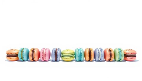 Watercolor illustration of A neat row of colorful pastel macarons displayed on a minimalist white surface., wide shot with open space at the top for text, cool blue tones, quiet atmosphere, 16:9 aspect ratio