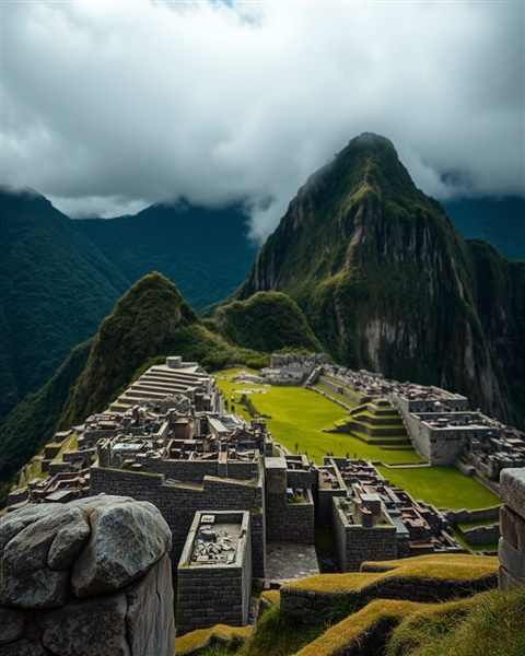 Photorealistic photo of The ancient stone ruins of Machu Picchu nestled among majestic green mountains in the mist, close-up detail with shallow depth of field, moody dark tones, dramatic lighting, 4:5 aspect ratio