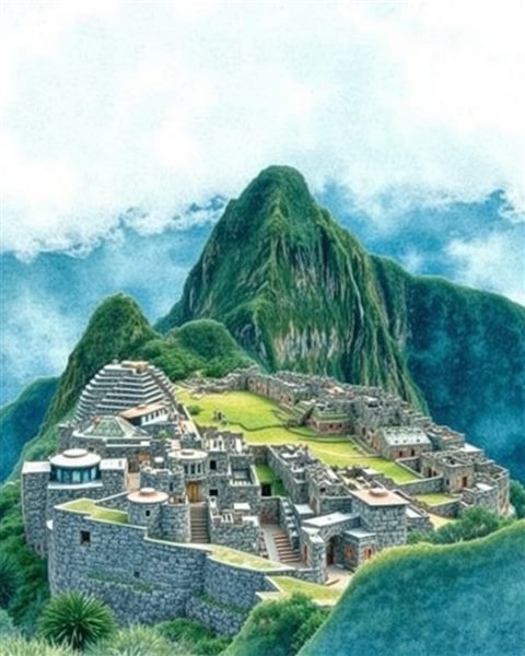 Watercolor illustration of The ancient stone ruins of Machu Picchu nestled among majestic green mountains in the mist, close-up detail with shallow depth of field, cool blue tones, quiet atmosphere, 4:5 aspect ratio
