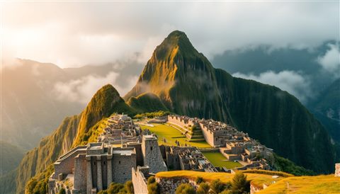Photorealistic photo of The ancient stone ruins of Machu Picchu nestled among majestic green mountains in the mist, wide shot with open space at the top for text, warm golden light, calm mood, 16:9 aspect ratio