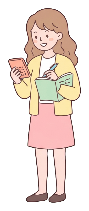 Simple cute flat cartoon illustration with soft pastel colors and thin clean dark outlines of a young woman, person calculating a budget with a calculator and a notebook, transparent background PNG