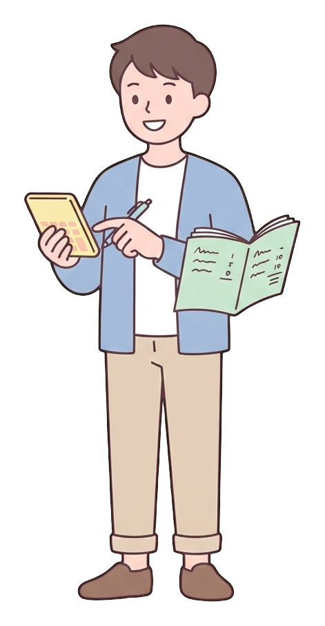 Simple cute flat cartoon illustration with soft pastel colors and thin clean dark outlines of a young man, person calculating a budget with a calculator and a notebook, transparent background PNG