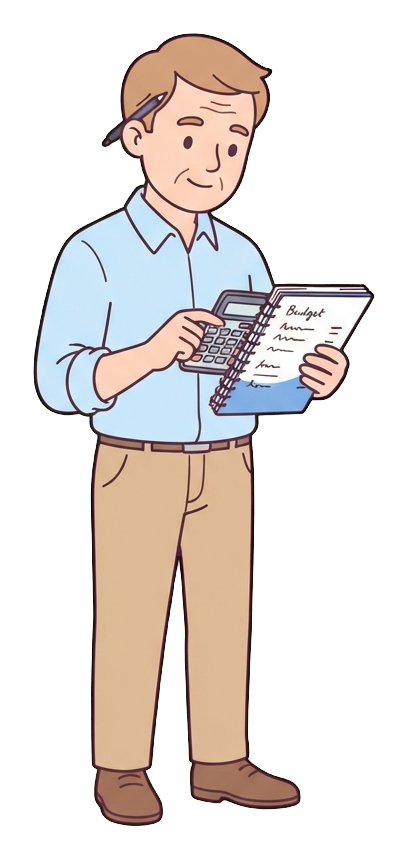 Simple cute flat cartoon illustration with soft pastel colors and thin clean dark outlines of a middle-aged man, person calculating a budget with a calculator and a notebook, transparent background PNG