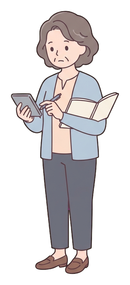 Simple cute flat cartoon illustration with soft pastel colors and thin clean dark outlines of a middle-aged woman, person calculating a budget with a calculator and a notebook, transparent background PNG