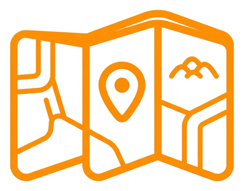 Rounded line icon, thick orange outline of a folded paper map icon, transparent background PNG