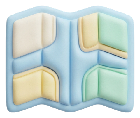 Soft 3D icon, pastel clay render of a folded paper map icon, transparent background PNG