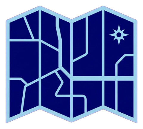 Duotone icon, navy blue and light blue of a folded paper map icon, transparent background PNG