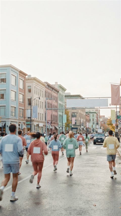 Cinematic film still of runners in a city marathon, wide shot with open space at the top for text, soft pastel colors, bright and cozy, 9:16 aspect ratio