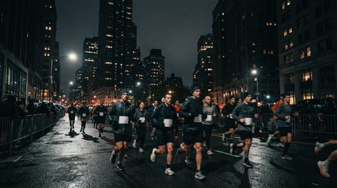 Photorealistic photo of runners in a city marathon, wide shot with open space at the top for text, moody dark tones, dramatic lighting, 16:9 aspect ratio