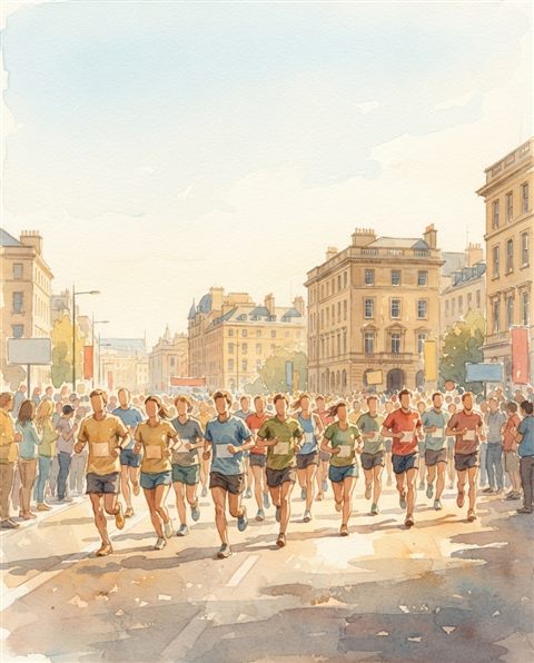 Watercolor illustration of runners in a city marathon, wide shot with open space at the top for text, warm golden light, calm mood, 4:5 aspect ratio