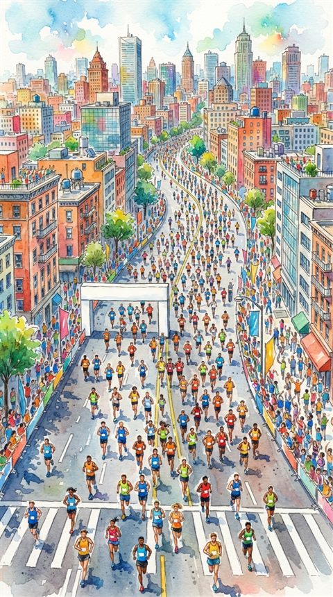 Watercolor illustration of runners in a city marathon, high-angle view from above, vivid colors, high contrast, energetic, 9:16 aspect ratio