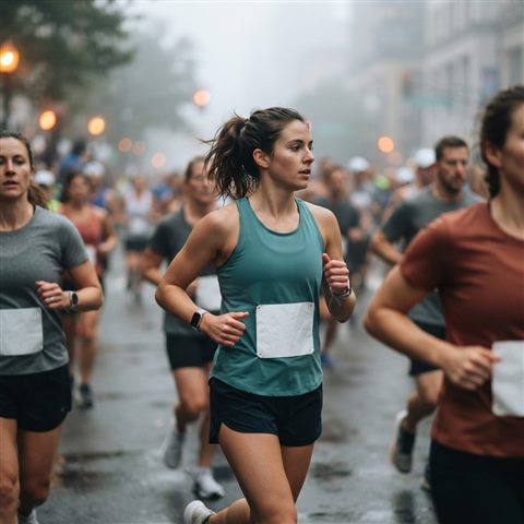 Photorealistic photo of runners in a city marathon, close-up detail with shallow depth of field, misty morning haze, dreamy, 1:1 aspect ratio