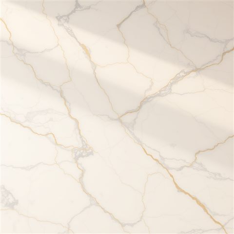 Photorealistic photo of A luxurious white marble surface with delicate gray and gold natural mineral veins., wide shot with open space at the top for text, warm golden light, calm mood, 1:1 aspect ratio