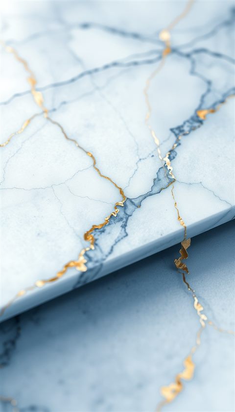 Watercolor illustration of A luxurious white marble surface with delicate gray and gold natural mineral veins., close-up detail with shallow depth of field, cool blue tones, quiet atmosphere, 9:16 aspect ratio
