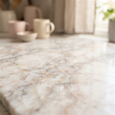 Photorealistic photo of marble texture, close-up detail with shallow depth of field, soft pastel colors, bright and cozy, 1:1 aspect ratio